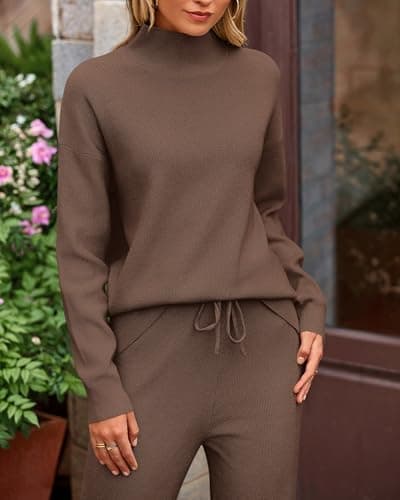 dowerme Women Spring 2 Piece Outfits 2026 Winter High Neck Sweater Sets Drawstring Wide Leg Pant Chunky Knit Lounge Set(Brown,Small) - Thumbnail 4