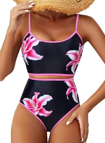 Herseas Women's Color Block Bikini Sets Two Piece Swimsuits 2026 High Waisted Scoop Black Lily Bathing Suits Casual Resort Outfits - Image 1