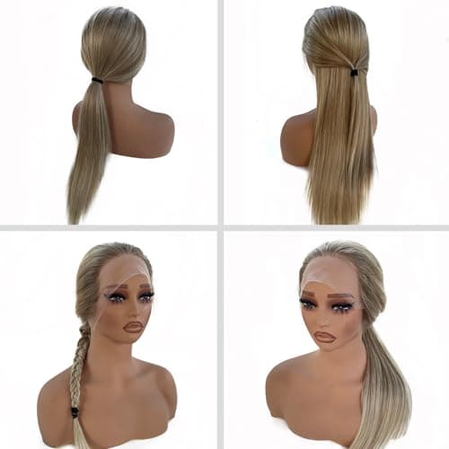 Upgrade - Strawberry Blonde Mixed Platinum Blonde HD Lace Front Human Hair Wigs,13*4 Ombre Highlight Straight Lace Wig 100% Remy Virgin Hair,Pre Plucked with Baby Hair Natural Hairline 150% Density - Thumbnail 5