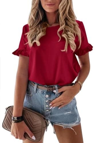 PRETTYGARDEN Women's Short Sleeve Casual T Shirts Summer Ruffle Plain Round Neck Loose Fit Tee Blouse Tops (Wine Red,XL) - Image 1