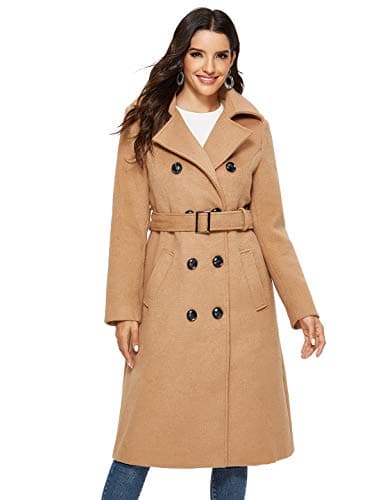 Escalier Womens Wool Coat Double Breasted Pea Coat Winter Long Trench Coat with Belt Camel L - Thumbnail 2