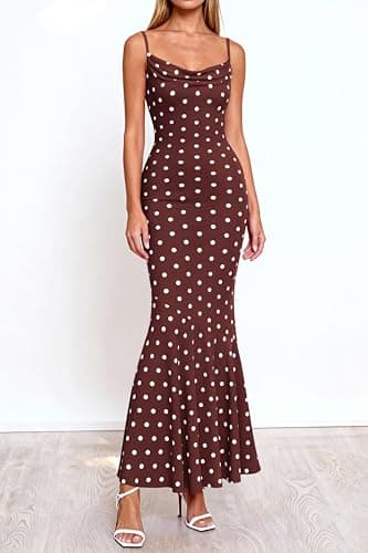 PRETTYGARDEN Womens Summer Dresses 2026 Polka Dot Spaghetti Strap Cowl Neck Bodycon Wedding Cocktail Mermaid Maxi Dress(Dot Brown White,Medium) - Thumbnail 3