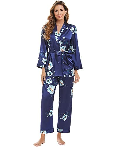 Escalier Women's Silk Satin Pajamas Set 3 Pcs Floral Silky Pj Sets Sleepwear Cami Nightwear with Robe and Pants Navy Floral L - Image 1