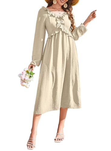 Dokotoo Maxi Dress Spring Dresses for Women 2026 Fashion Clothing Casual V Neck Teacher Outfits Boho Maxi Dress Wedding Guest Long Sleeve Elegant Classy Clothes Apricot - Thumbnail 2
