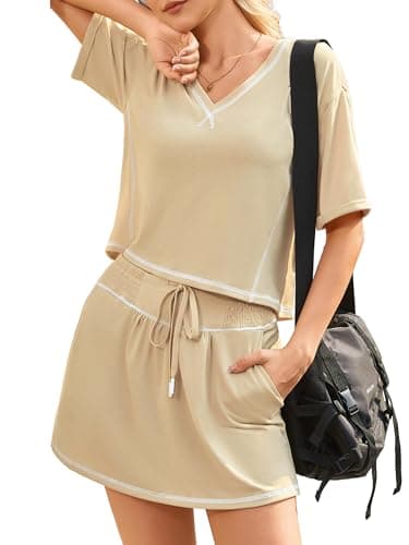 Alealiy Womens 2 Piece Outfits Summer Skirt Sets Casual Short Sleeve Tops Matching Skort Going Out Lounge Set Khaki Large - Image 1