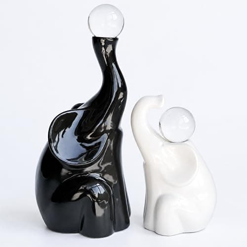 AOBOWEYO Handmade Elephant Ceramic Figurines with Crystal Balls, Modern Statues Home/Office Decor, Animal Sculpture Gift for Birthday/Anniversary/Housewarming/Wedding/ (Black & White)