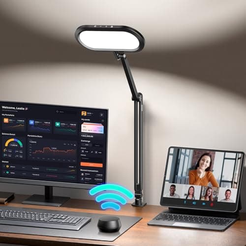 LED Desk Lamp for Home Office, Eye-Care Double-Sided Desk Light with Stepless Dimmable Knob Remote, Memory, Adjustable Arm Clip on Light for Video Recording, Zoom Call, Study, Flicker-Free, Glare-Free - Image 1
