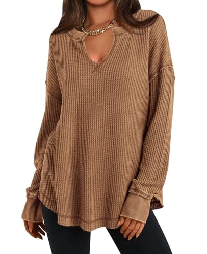 PRETTYGARDEN Womens Waffle Knit Long Sleeve Shirts Drop Shoulder V Neck Casual Pullover Exposed Seam Oversized Fall Tops (Khaki, Medium) - Image 1