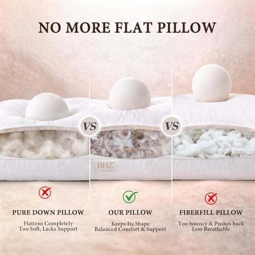 BHZ Goose Down Feather Pillows Queen Size Set of 2, Hotel Collection Bed Pillows for Sleeping Medium Firm Soft Support Pillow for Side and Back Sleepers - Thumbnail 2