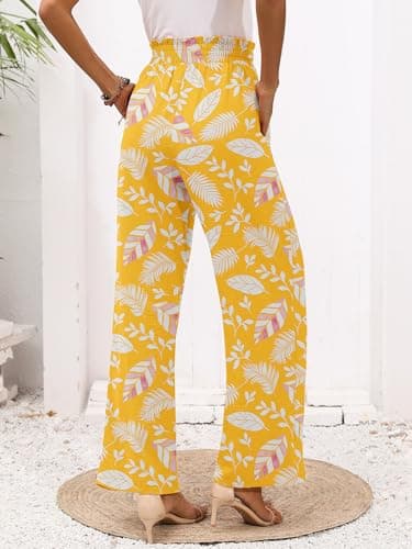 Heymoments Women's Wide Leg Lounge Pants with Pockets Floral Print Medium Lightweight High Waisted Adjustable Tie Knot Loose Comfy Casual Trousers - Thumbnail 3