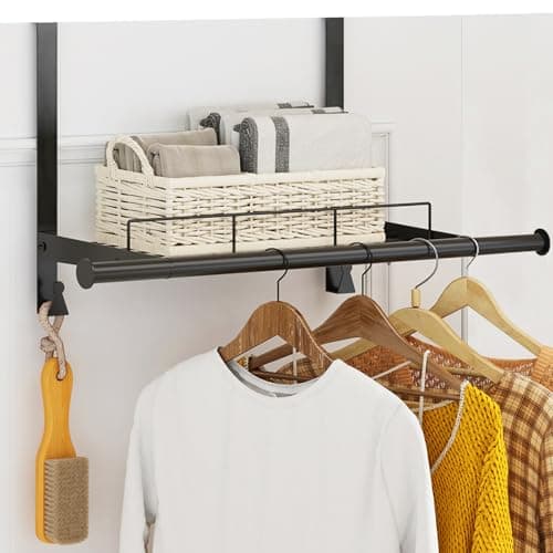 Over The Door Hanger with Storage Rack and 2 Hooks, Metal Over The Door Hanger for Clothes, Clothing Rod Drying Racks for Laundry, Bedroom, Bathroom, Living Room,Office,Fits Door Up to 1.77" - Image 1