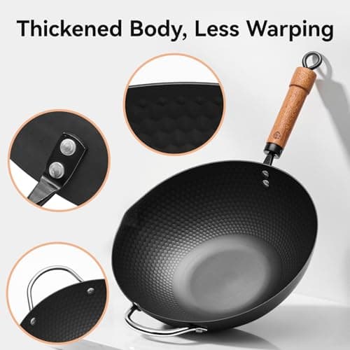 WANGYUANJI Carbon Steel Wok Pan, 12.6 Inch Flat Bottom Stir Fry Pan with Lid, Uncoated Heavy Duty Iron Wok for Induction and Gas Stoves - Thumbnail 5