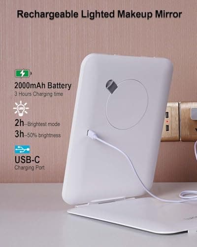 LUKYMIRO 7x9.5 Inches Lighted Travel Mirror with 10X Magnifying Round Mirror, Rechargeable Battery, USB-C Charging, 78 LEDs, Tabletop Mount - Thumbnail 4