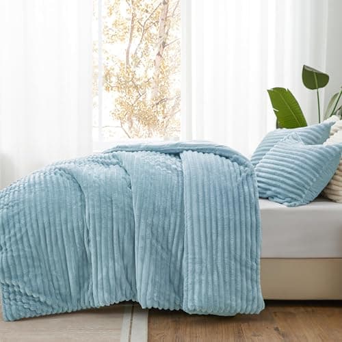 BEDELITE Fleece California King Comforter Set -Super Soft & Warm Fluffy Light Blue Bedding, Luxury Fuzzy Heavy Bed Set for Winter with 2 Pillow Cases - Thumbnail 2
