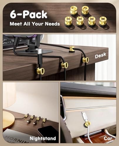 Maveek Magnetic Cord Clips 6 Pack, Wire Organizer Metal Cable Clips Adhesive Cable Management For USB Charging Cords, Desk Office Car Dash Cam Nightstand (Premium Gold Edition) - Thumbnail 2