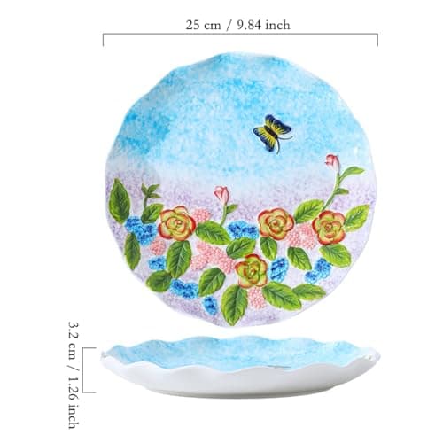 Handpainted Ceramic Dinner Plates, 9.84 Inch Ceramic Kitchen Plates, with Lifelike Floral & Butterfly Pattern, Microwave & Dishwasher Safe, Suitable for Serving Steak, Salad, Dessert, Fruits, Dessert - Thumbnail 3