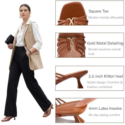 Wetviro Womens Brown Slip On Mules Sandals Low Kitten Heels Square Open Toe Dressy Comfortable Shoes for Women (2026) - Thumbnail 3