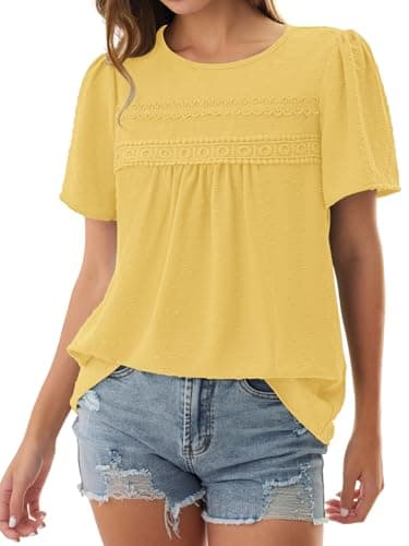 NORACORA Womens Summer Tops Crewneck Short Sleeve Shirts Casual Chiffon Boho Babydoll Blouses Flowy Lace Hem Boho Clothing Trendy 2026 Yellow L - Thumbnail 6