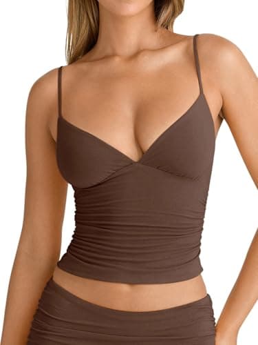 PINKMSTYLE Cami Tank Tops for Women Ruched Sleeveless Crop Tops Sexy Spaghetti Strap V Neck Camisole Top Yoga Tops Brown X-Small - Image 1