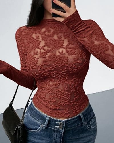 BTFBM Mesh Long Sleeve Tops for Women Lace Sexy Sheer Tight See Through Crew Neck Spring Fall 2026 Party Club Outfits(Red Brown, X-Large) - Thumbnail 6