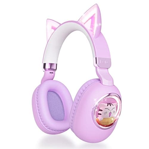 esonstyle Cat Ear Headphones for Kids - Bluetooth 5.4 On-Ear Noise Cancelling Headphones with Microphone 85dB Safe Volume Limit Wireless or 3.5mm Wired Mode USB C for School Learning Travel (Purple)
