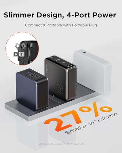 140W USB-C Charger for Laptop, wegear Slim 4-Port PD 3.1 GaN Fast Charging Block with Foldable Plug, Type‑C Wall Charger Power Adapter for MacBook Air/Pro, iPad, iPhone 17/16 Series,Galaxy S25 (Black) - Thumbnail 4