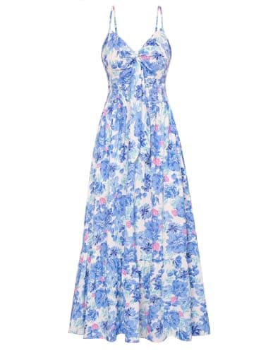 GRACE KARIN Sleeveless Long Dress for Women Tie Front V Neck Boho Beach Maxi Dresses Casual A Line Sundress Party Blue Floral - Image 1