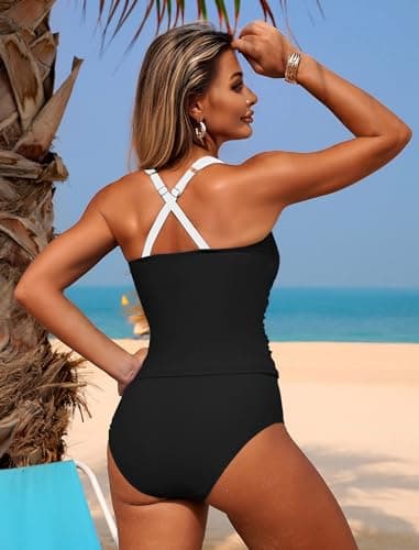 ZAFUL 2 Piece Tankini Swimsuits for Women Tummy Control Bathing Suits Swim Tank Top with Bottom Girls Swimsuit Swimwear Black White L - Thumbnail 5
