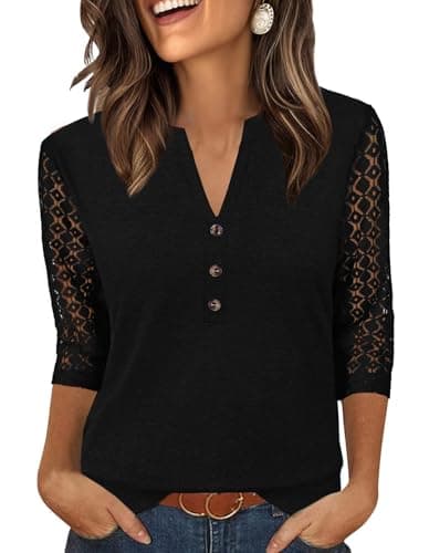 Bakoliza Shirts for Women 3/4 Lace Sleeve Henley Neck with Buttons Casual Blouses Trendy Soft Summer Clothes Black - Image 1