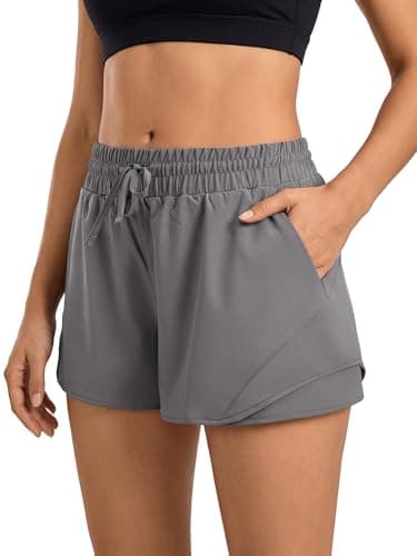 Stelle Women Running Shorts with Pockets High Waisted Drawstring Athletic Workout Quick-Dry Gym Shorts Mesh Liner (Smoke Grey, M) - Image 1