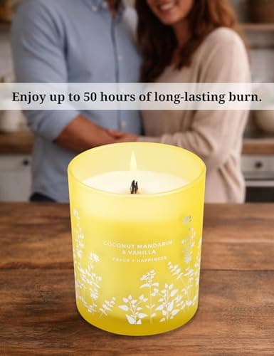 Coconut Mandarin Vanilla Wood Wick Candle | 10.6oz Yellow Glass Jar Soy Scented Candle for Home | Tropical Citrus Candles | Coconut Vanilla Aromatherapy Candle | Summer Beach Gift for Women & Men - Thumbnail 3