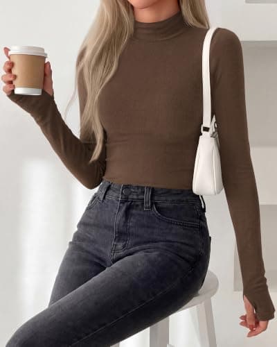 BTFBM Turtleneck Tops for Women Thumbhole Long Sleeve Shirts Brown - Thumbnail 6