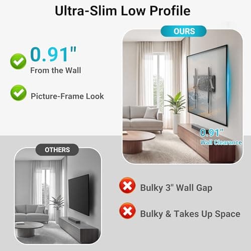 BONTEC Fixed TV Wall Mount for 43 to 100 Inch TVs, Low Profile Design, Space-Saving 0.9'' from Wall, Heavy Duty One-Piece Bracket up to 220 lbs, Max VESA 800x600mm, Fits 16''/24''/32'' Wood Studs - Thumbnail 5