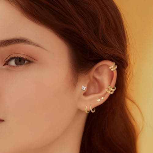 Wgoud 12 Pairs Hypoallergenic Surgical Steel Earrings for Sensitive Ears Waterproof Trendy Gold Plated Small Stud Flat Back Stainless Steel Earrings for Women Men Hoop Cartilage Earring Set for Multiple Piercing (Gold-tone) - Thumbnail 2