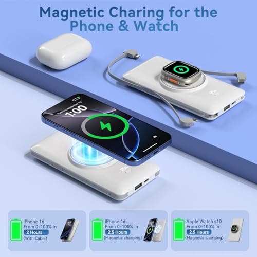 Magnetic 10000mAh Portable Charger for iWatch & iPhone, 22.5W USB C Fast Charging Wireless Power Bank Built-in Cables and Wall Plug, External Travel Battery Pack Compatible with iOS Android Devices - Thumbnail 2