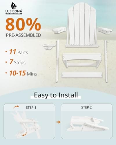 LUE BONA Folding Adirondack Chair, Chairs Set of 4, Cup Holder, Woodgrain, Fire Pit, Patio, Pool, White - Thumbnail 3