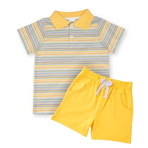 JiuBreeze Toddler Baby Boys Summer Short Sleeve Polo Shirts Set 2-piece Striped Outfits 18 Month-5T (Rainbow Yellow, 4-5T) - Image 1