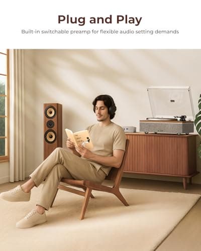 QLEARSOUL ONE-S Vinyl Record Player with Bluetooth Input/Output, All-in-One Vintage Turntable Built in Speakers, Phono Preamp & DSP, AT-3600L Cartridge, 33/45 RPM (Walnut) - Thumbnail 5