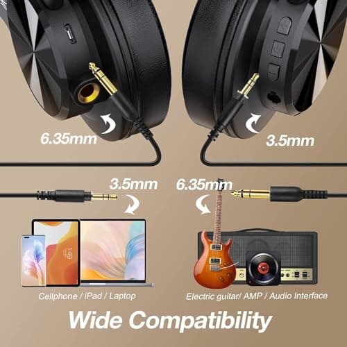 OneOdio A70 Bluetooth Over Ear Headphones, Wireless Headphones with 72H Playtime, Hi-Res, Built-in Mic, 3.5mm/6.35mm Wired Audio Jack for Studio Monitor & Mixing DJ Guitar AMP, Computer PC Gaming - Thumbnail 4