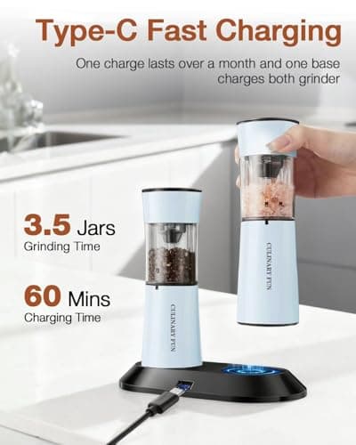 Gravity Electric Salt and Pepper Grinder Set 2-Pack - USB-C Rechargeable Base, Auto LED Light for BBQ/Camping, Adjustable Coarseness & Large Capacity - Stainless Steel (Morning Haze) - Thumbnail 3