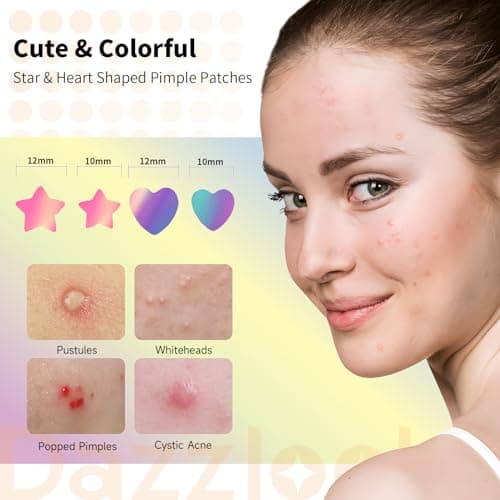 Dazzlook Star Pimple Patch with Salicylic Acid Tea Tree Oil & Centella Asiatica, Hydrocolloid Pimple Stickers Iridescent Colors 96 Pcs 2 Sizes, Cute Star Heart Shaped Zits Blemishes Breakouts Patches - Thumbnail 3