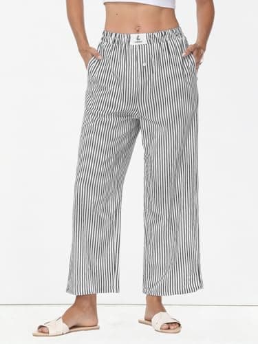 Lallabai 2026 Women Striped Gingham Palazzo Cropped Pants Lounge Boxer Pajama Pants Wide Leg PJ Bottoms Trousers with Pockets - Thumbnail 2