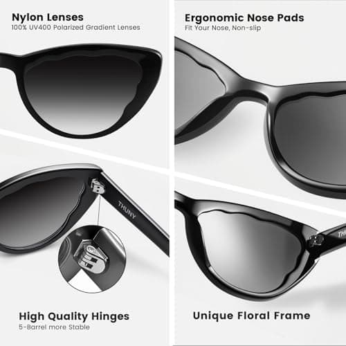 THUNY Black Cat Eye Sunglasses with UV400 Protection for Women,Trendy Polarized Acetate Cateye Sunglasses Petals-Pattern Frame for Ladies,Fashion Gradient Retro Sun Glasses for Travel Driving Outdoor - Thumbnail 5
