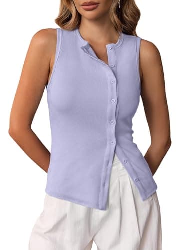 Cicy Bell Womens Button Down Tank Tops Summer Sleeveless Vest Tops Trendy Ribbed Fitted Going Out Shirts Light Purple - Image 1