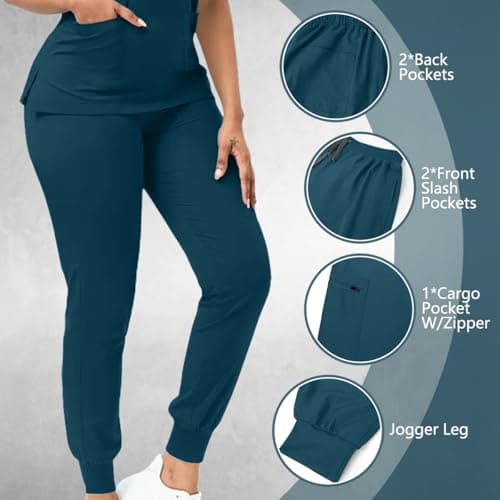 YEZEX Scrubs for Women Set, Women's V-Neck Top & Jogger Scrub Pants, Nursing Uniform Scrubs Set with 8 Pockets, for Nurse Esthetician Workwear (Caribbean Blue) - Thumbnail 5