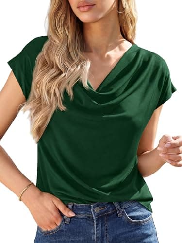BTFBM Cowl Neck Tops for Women 2026 Summer Womens Tops Dressy Casual Business Blouses Short Sleeve Shirts Spring Outfits(Green, Large) - Image 1
