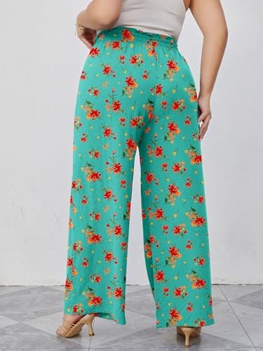 AusLook Plus Size Wide Leg Pants for Women High Waist Elastic Drawstring Palazzo Casual Lounge Beach Travel Vacation Resort Cyan Hibiscus 2X Pants with Pockets Flowy Summer Comfy Outfit - Thumbnail 2