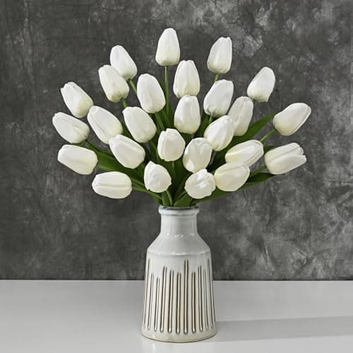 Yastouay 12-Pack White Tulips Artificial Flowers, Real Touch Latex Faux Tulips with Large Full Buds, Lifelike Vibrant Fake Tulips Bouquet for Spring Wedding Home Décor, Table & Party Centerpiece