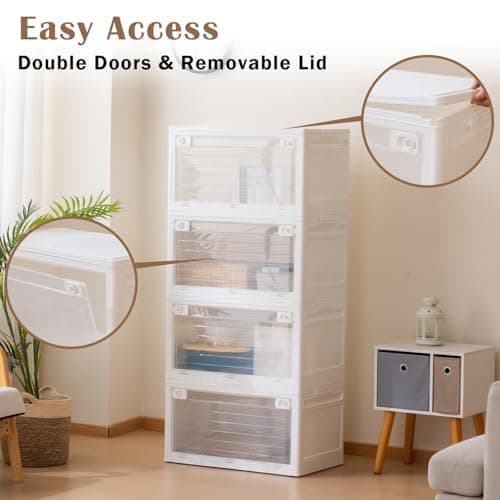 ABAMFUR 101QT Plastic Stackable Storage Bins, 4 Pack Collapsible Plastic Storage Bins with Lid, Doors & Wheels, for Closet Bedroom, White - Thumbnail 6
