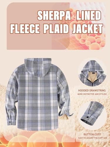 ZITY Men's Zipper Hoodies Flannel Shirt Jacket Plaid Cotton Hoodie Berber Lined Polyfill Insulated - Thumbnail 5